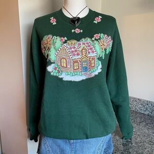 Vintage Festive Christmas Gingerbread House Glittery Crewneck Sweatshirt
